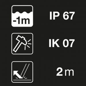 Khả năng chống va đập (IK07) và chống rơi (lên đến 2 mét). Chống bụi và chống thấm nước (IP67)
